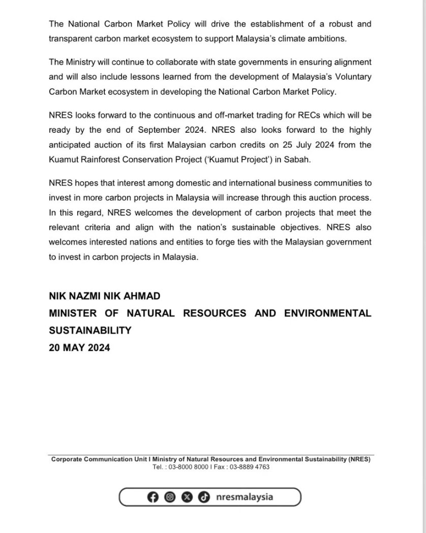 . @nresmalaysia lauds the first issuance of Malaysia Renewable Energy Certificates (RECs) & Carbon Credits through the @BursaMalaysia Carbon Exchange (BCX). Local carbon projects can unlock new resources to enable Malaysia to achieve our climate goals under the Paris Agreement.