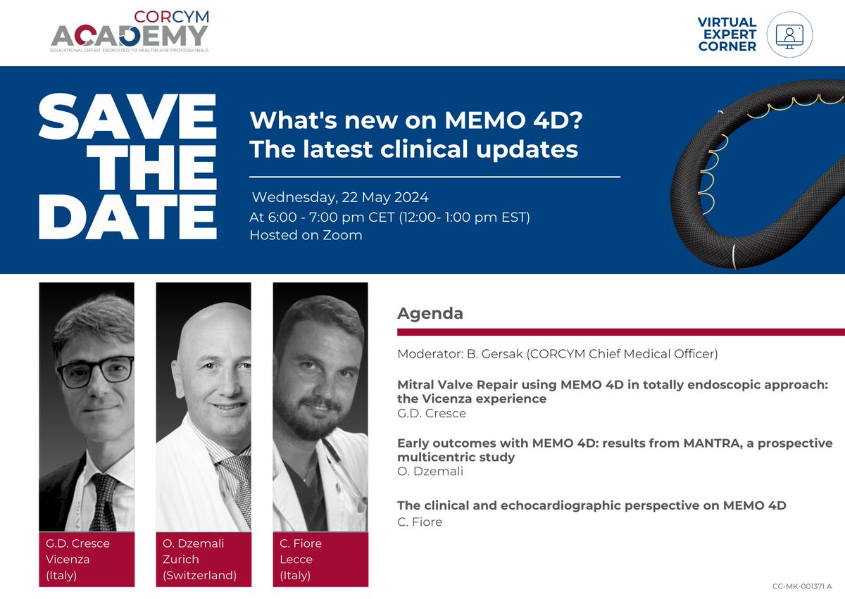 There are few spots left for the upcoming MEMO 4D Virtual Expert Corner webinar on Wednesday, May 22!

Click here to register for the webinar and to receive the recording: info.corcym.com/virtual-expert…

HCP only
#memo4d #mitralvalverepair