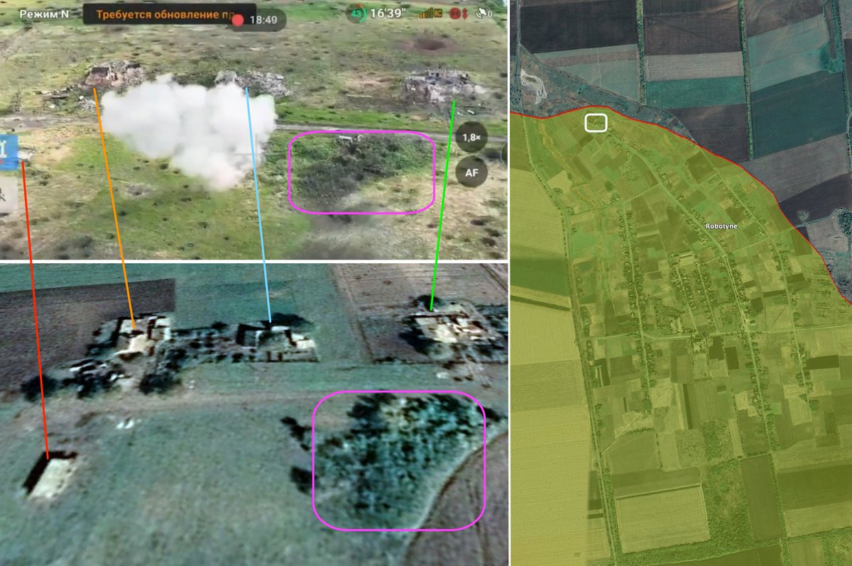 JulianRoepcke's tweet image. #NewsMap 
Russian invasion forces remain present / again present in #Robotyne&apos;s most northern ruins. For me, this is the definition of occupying the village.