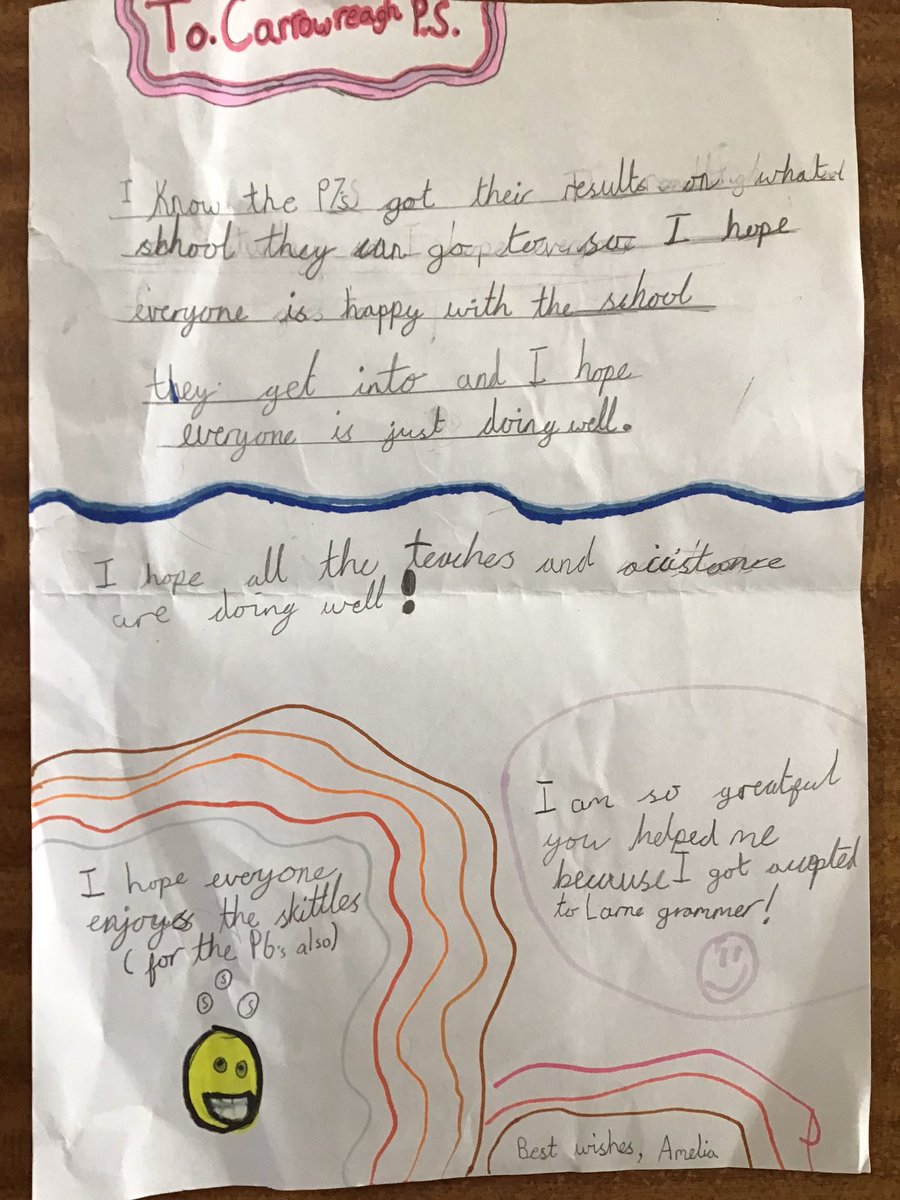 CPSBALLYMONEY's tweet image. We dearly miss our past pupil, Amelia. Coming into school on a Monday morning to find sweets and a letter from her was a little emotional. Best wishes for Larne Grammar from all your friends at Carrowreagh.