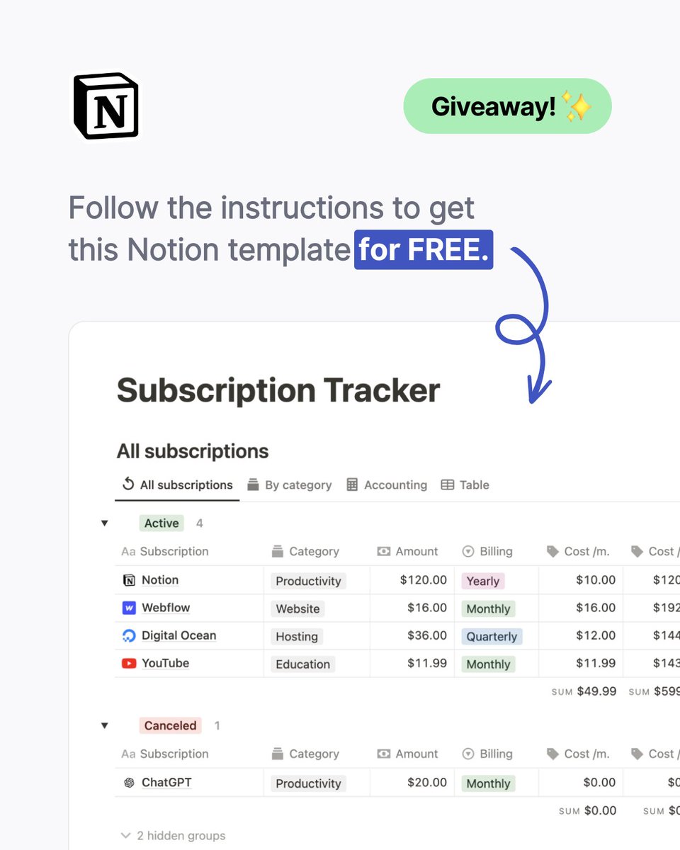 We're giving away our Notion Subscription Tracker!

Track your subscriptions and stay on top of your finances 🚀 

𝗪𝗮𝗻𝘁 𝘆𝗼𝘂𝗿 𝗳𝗿𝗲𝗲 𝗰𝗼𝗽𝘆?

👉 Follow <a href="/NotionEverythng/">Notion Everything</a> 
👉 Like + Comment "Subscription"

We’ll share the link within the next 24 hours