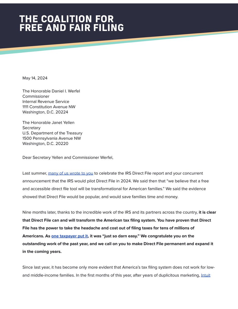 LETTER: 256 organizations are calling on the IRS to make their new free, online Direct File tool permanent. 100,000+ taxpayers successfully used the pilot program this year. The tool is projected to save the average user $160 in fees and time each year. Let's make it happen.