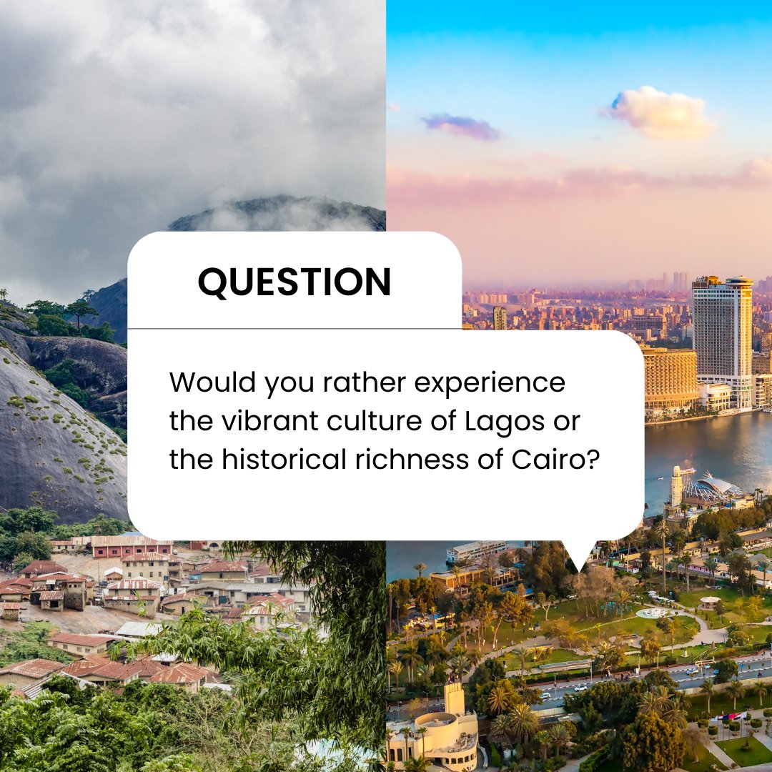 Two incredible destinations, and endless possibilities!

Would you dive into the vibrant rhythm of Lagos or unravel the historical tapestry of Cairo? Share your pick and let's embark on a cultural journey together!

#RoveSA #CulturalOdyssey #ExploreAfrica #Lagos #Cairo