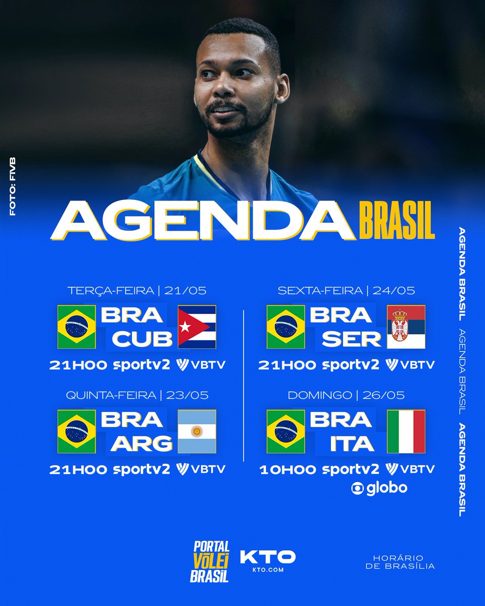 portal_volei's tweet photo. 📆 Agenda semanal de jogos do Brasil na VNL Masculina 2024 com dias, horários e transmissões. A primeira semana de jogos será realizada no Rio de Janeiro, no Brasil, entre os dias 21/05 e 26/05 🇧🇷 https://t.co/9cC13Povtm