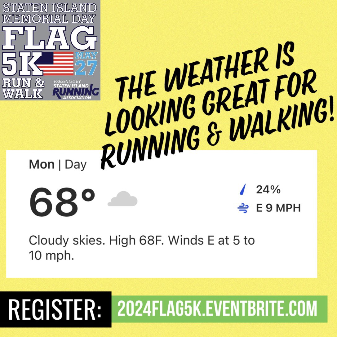 statenislandrun's tweet photo. 😎 The weather is looking great for running and walking!! 😎

Register before 5/22 9PM at the $25 price. https://t.co/Azbi7edZRj

🗓️ In-person registration 5/22 7-9PM at Jody’s Club Forest (372 Forest Ave) 
Accepting cash, credit &amp; check

🏆 In-person race day registration is $40 https://t.co/GN3mR9O2MT