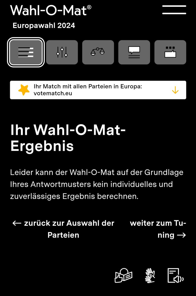 ❗🇪🇺 Ich habe beim Wahlomat jede Frage mit neutral beantwortet und keine Gewichtung vorgenommen. Dann alle Parteien für das Ergebnis anzeigen lassen. 

Das Ergebnis: Es gibt keins! 🤯

KEINE Partei scheint in der Mitte zu sein. Entweder man links oder rechts. Das ist krass  🇪🇺❗