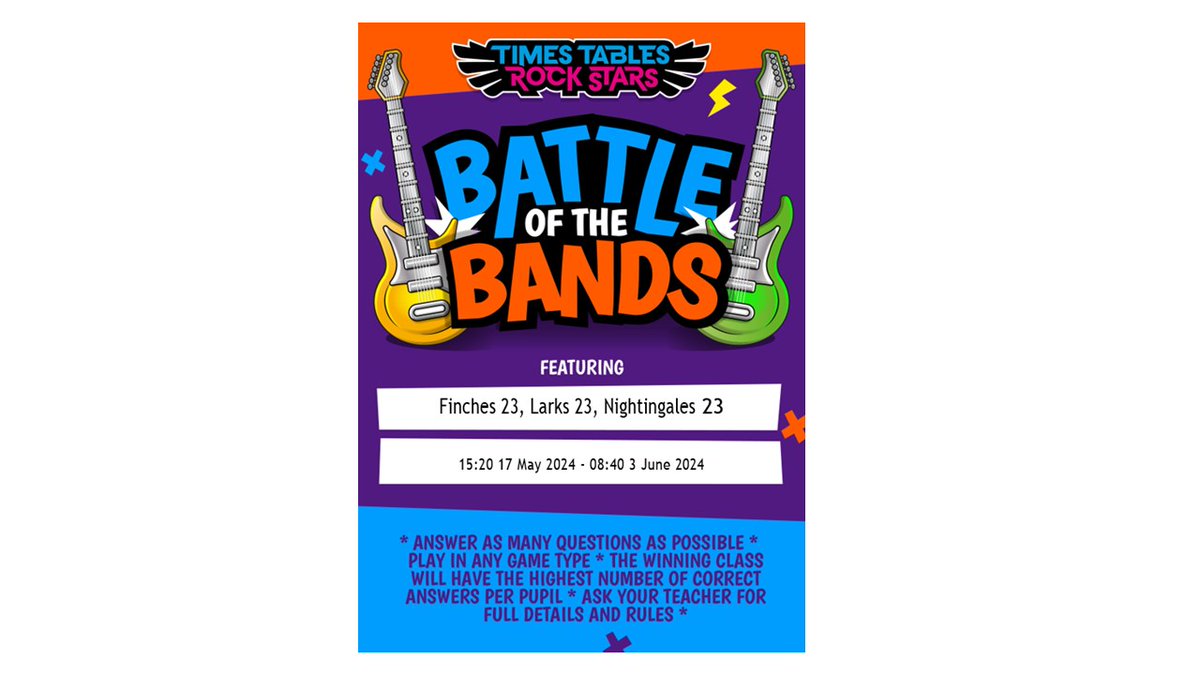 HagleyPrimary's tweet photo. BATTLE OF THE BANDS....Finches, Nightingales and Larks from Friday 17th May until Monday 3rd June! @TTRockStars https://t.co/zLJkb0ztr6