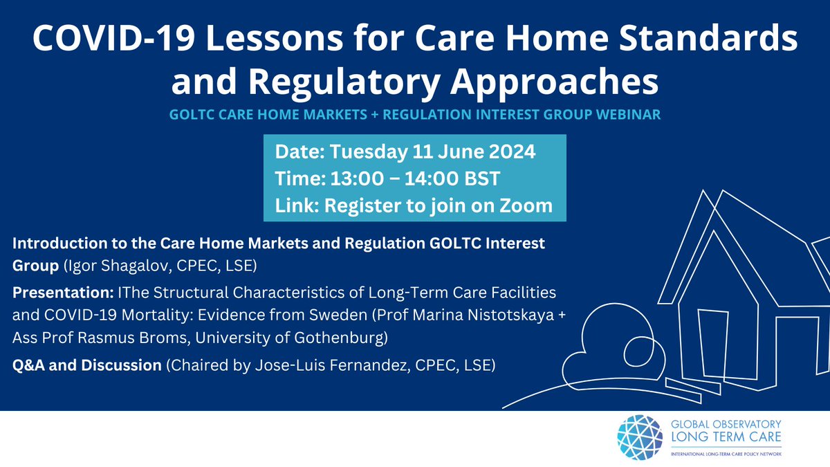 UPCOMING WEBINAR!

"COVID-19 Lessons for Care Home Standards and Regulatory Approaches" 😷

GOLTC Care Home Markets and Regulation Interest Group webinar 

Register now 👉lse.zoom.us/meeting/regist…

#covid19
#CareHomeStandards
#Regulation