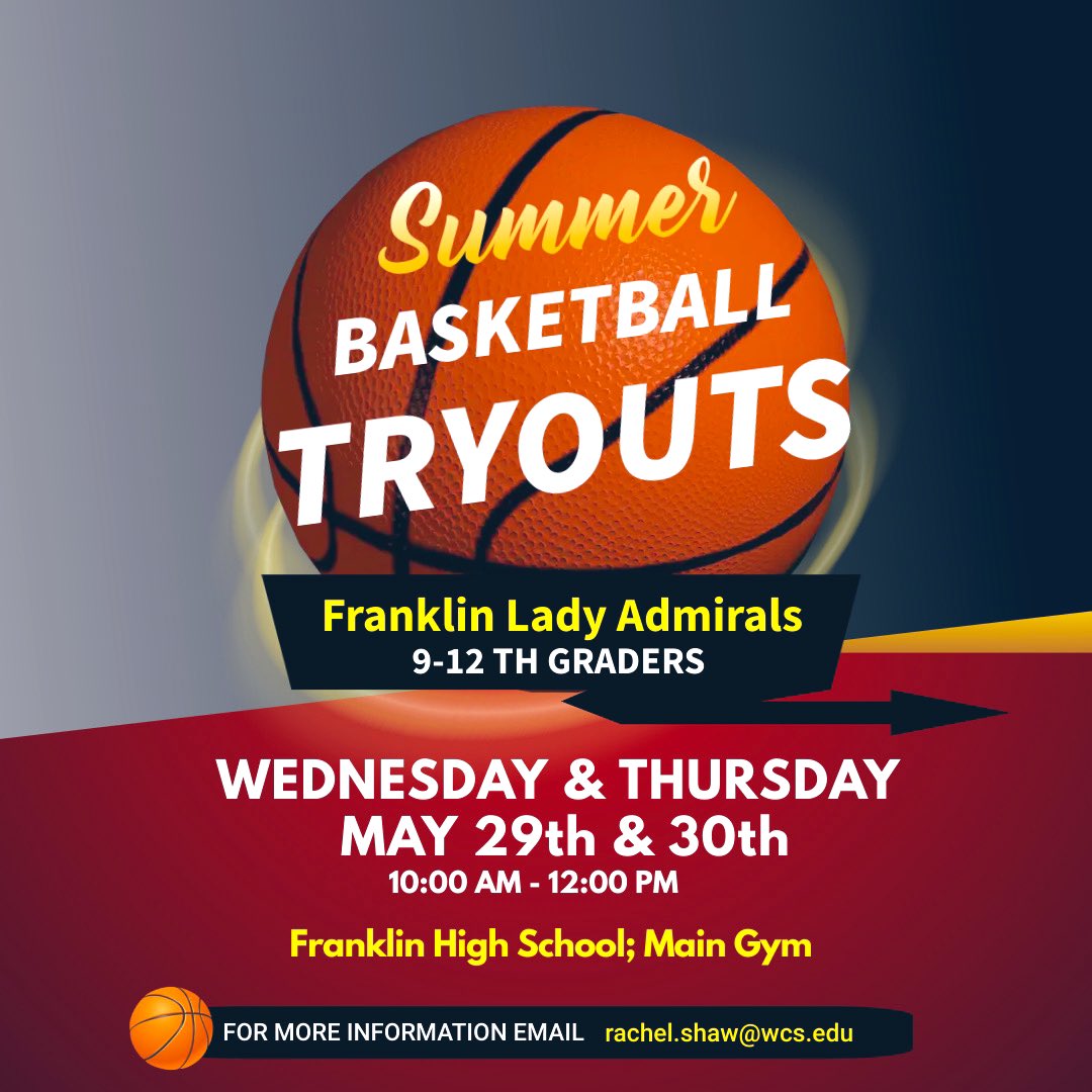 Summer ball is right around the corner 😎🏀
Girls Basketball Tryouts
May 29th and 30th
10am- 12pm