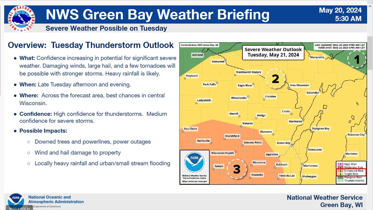 CalumetEM's tweet photo. Much of the state has an elevated risk for severe weather tomorrow during the late afternoon and evening hours. Stay informed. #wiwx https://t.co/d8r6xF7hYu