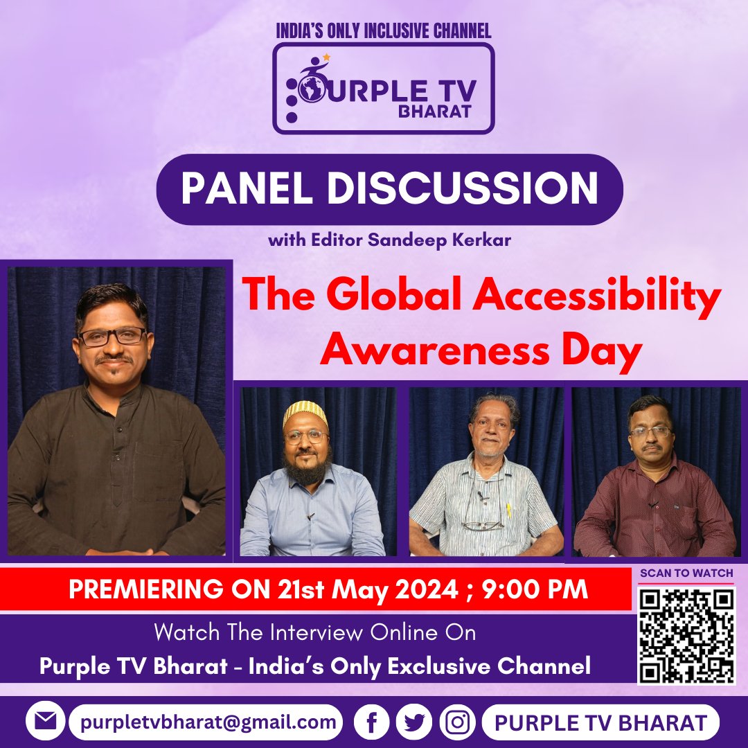 PurpleTVBharat's tweet photo. Watch Panel Discussion with Editor Sandeep Kerkar on the occassion of The Global Accessibility Awareness Day on Purpletv Bharat on 21st May 2024 at 9:00p.m @Sandeepkgoa @tahahaaziq @PrakashWKamatPK  @avelinodesa
#purpletvbharat #goa #pwdlife #AbilityNotDisability https://t.co/kJ5hC3QDDQ