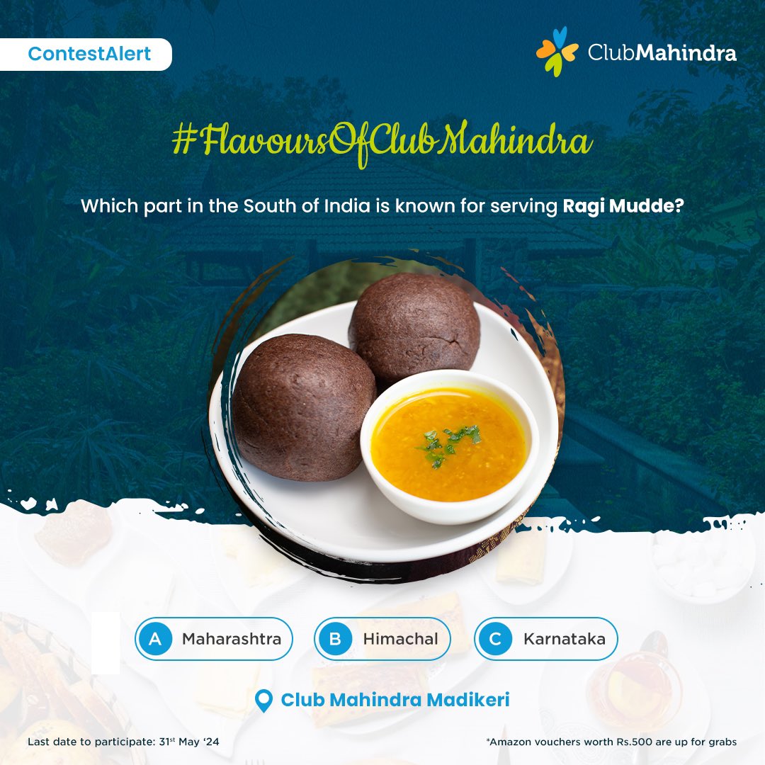 #ContestAlert 4 of 15 Participate in all #FlavoursOfClubMahindra contest posts & win.​ STEPS 1) Commenting using #FlavoursOfClubMahindra & tagging 4 friends and @clubmahindra is mandatory​​ 2)Participate in all 15 contest posts Winners get Amazon vouchers worth INR 500 each.