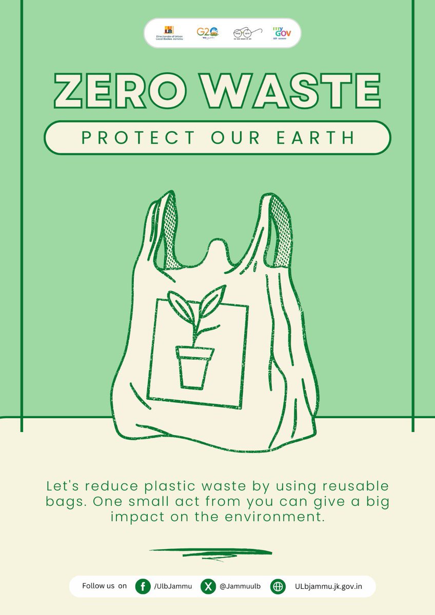 Let's reduce plastic waste by using reusable bags. One small act from you can have a big impact on the environment. 🌍 #ReducePlastic #EcoFriendly #SustainableLiving #Jammu'
@OfficeOfLGJandK 
@MoHUA_India 
@md_sbm 
@SwachhBharatGov 
@SwachSurvekshan 
@RoopaMishra77