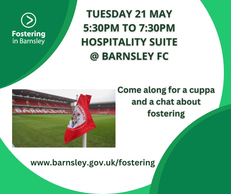 Fostering Barnsley (@fosterbarnsley) on Twitter photo Tomorrow we will be at <a href="/BarnsleyFC/">Barnsley FC</a> Hospitality Suite, come along for a cuppa and a chat to have any questions about fostering answered by our friendly team. <a href="/RedsReport_/">The Reds Report📻</a> <a href="/PenistoneTeam/">Barnsley Penistone Area Team</a> <a href="/CentralteamArea/">Central Area Team</a> <a href="/DearneAreaTeam/">Barnsley Dearne Area Team</a> <a href="/NEBarnsley/">North East Area Team</a> <a href="/BarnsleyNthTeam/">Barnsley North Team</a> <a href="/SouthAreaTeam/">SouthAreaTeam</a> Tomorrow we will be at <a href="/BarnsleyFC/">Barnsley FC</a> Hospitality Suite, come along for a cuppa and a chat to have any questions about fostering answered by our friendly team. <a href="/RedsReport_/">The Reds Report📻</a> <a href="/PenistoneTeam/">Barnsley Penistone Area Team</a> <a href="/CentralteamArea/">Central Area Team</a> <a href="/DearneAreaTeam/">Barnsley Dearne Area Team</a> <a href="/NEBarnsley/">North East Area Team</a> <a href="/BarnsleyNthTeam/">Barnsley North Team</a> <a href="/SouthAreaTeam/">SouthAreaTeam</a>