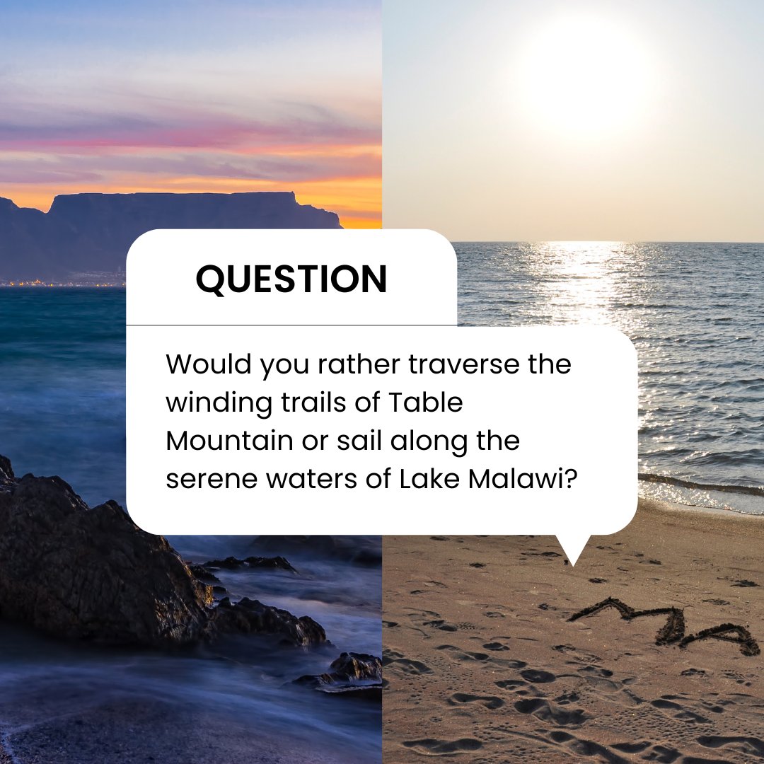 Two paradises, one choice!

Would you conquer the winding trails of Table Mountain or set sail on the tranquil waters of Lake Malawi? Let your adventurous spirit guide you!

#RoveSA #NatureLover #ExploreAfrica #Tablemountain #LakeMalawi