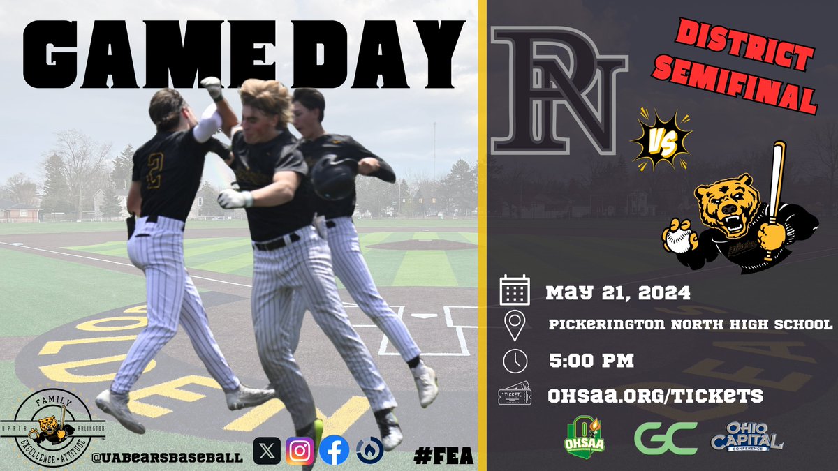 DISTRICT SEMIFINAL ❗️ Golden Bears 🆚 @PickNorth 📍 Pickerington, OH 🏟️ PNHS Baseball Field 🕔 5:00 PM 📊 gc.com 🎟️ ohsaa.org/tickets #FEA | #GoBears 🐻⚾️