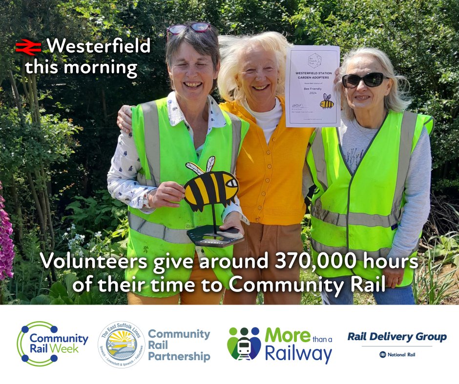 Each year, volunteers give 370,000 hours of time to #CommunityRail, delivering projects including station gardens. Today Sandy, Yvonne & Mary were presented a Bee Friendly Status award for the garden at Westerfield from the Bee Friendly Trust. #MoreThanARailway #CommunityRailWeek