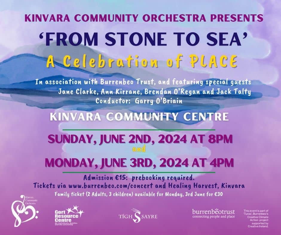 Join us for a celebration of PLACE this June bank holiday with the wonderful music of Kinvara Community Orchestra and some special guests. This event is part of ‘Turas’, Burrenbeo's Creative Climate Action project supported by @CreativeIreland