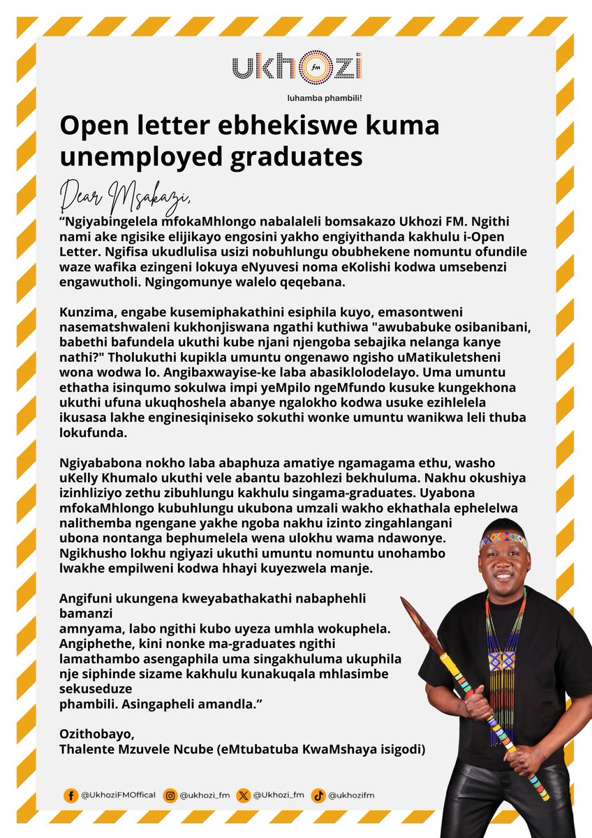 Open Letter ebhekiswe kuma unemployed graduates. #TeaTimeNoLadyD #Jabulujule #AfrikaYami #UkhoziFM #30YearsOfDemocracy