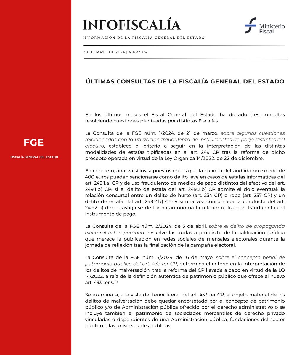 📰INFOFISCALÍA 18/24 ➡️Últimas consultas de la Fiscalía General del Estado: ✅Consulta FGE 1/2024: bit.ly/3V4mVwW ✅Consulta FGE 2/2024: bit.ly/3ww0Gqo ✅Consulta FGE 3/2024: bit.ly/3V7QUUE