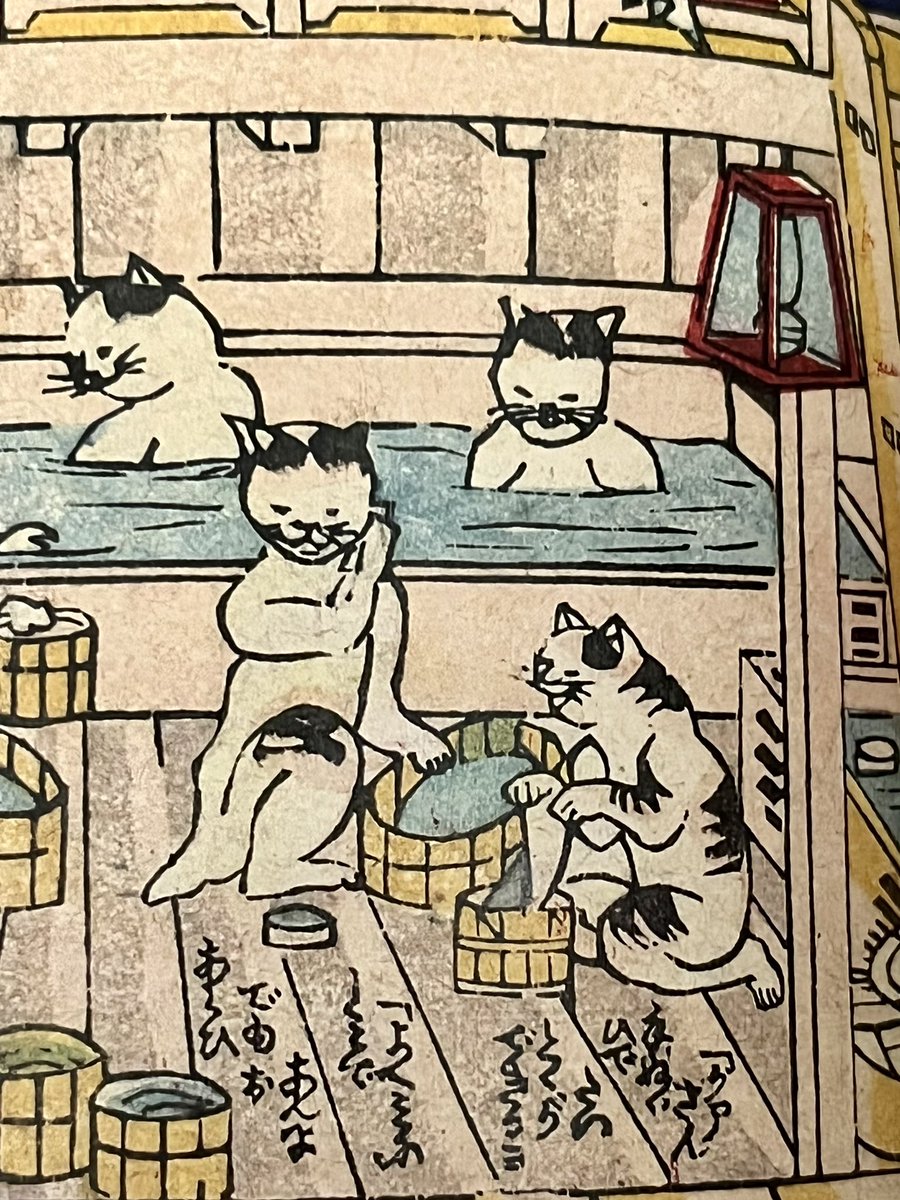 市村柚芽さんの「窓辺の肖像」を拝見しに、nostos booksさんに伺い、見つけた「いつだって猫展」図録より。

歌川国利「流行ねこの温泉」1881年作。

銭湯に入ろうとしたら、猫だけいる銭湯でした。「水が嫌いな猫もお風呂を満喫している」