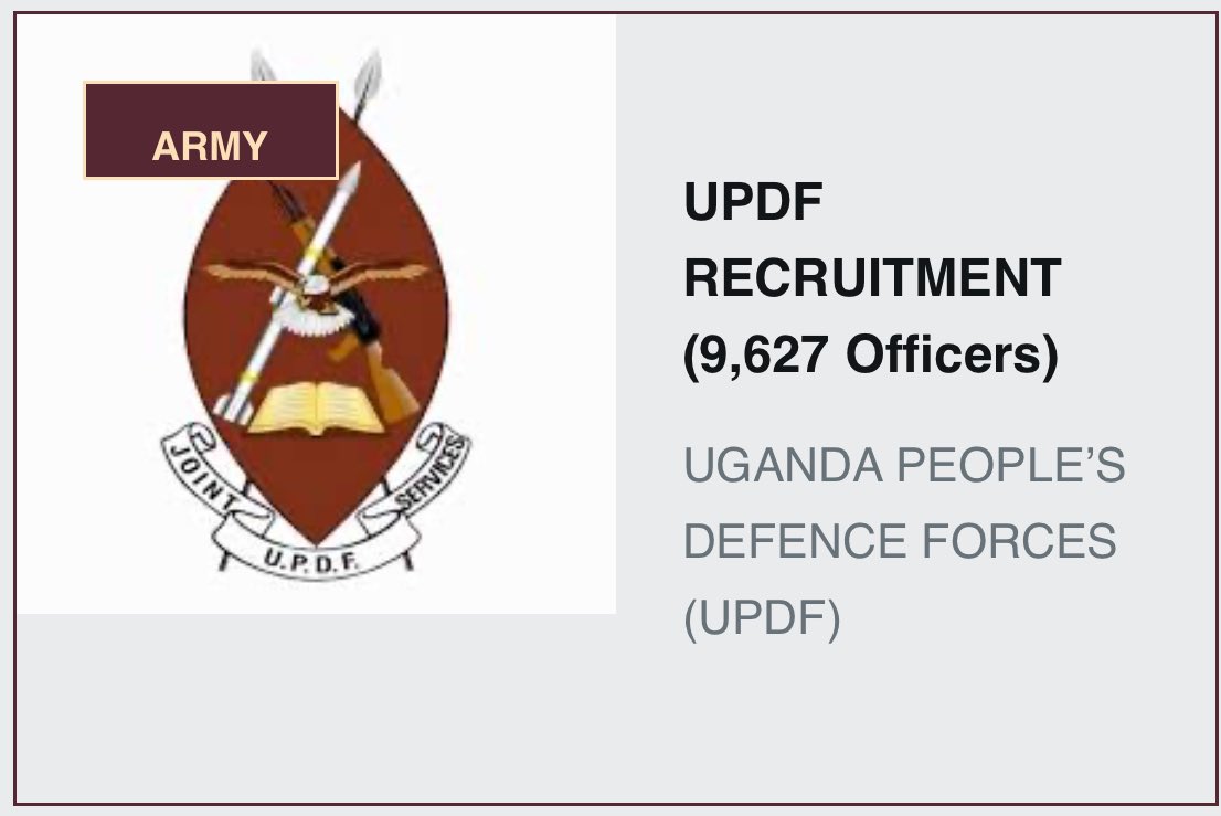 Here is your chance to join the Uganda People’s Defence Forces (UPDF). The UPDF will conduct a general recruitment exercise of 9,627 regular forces into Infantry forces starting 1st July See details: jobnotices.ug/job/updf-recru… KINDLY RETWEET TO SHARE WIDELY