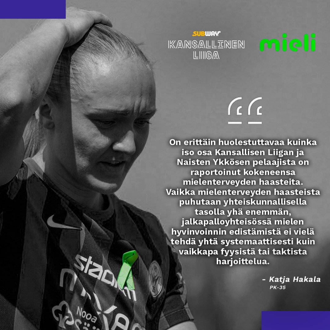 Mieli pelissä

💚 Lue juttu: kansallinenliiga.fi/news/mieli-pel…

Jalkapallon pelaajayhdistyksen teettämän kyselyn mukaan yli puolet vastanneista Subway Kansallisen Liigan pelaajista on kokenut peliurallaan mielenterveyden haasteita usein tai melko usein.

Naisten Ykkösen kohdalla tilanne on