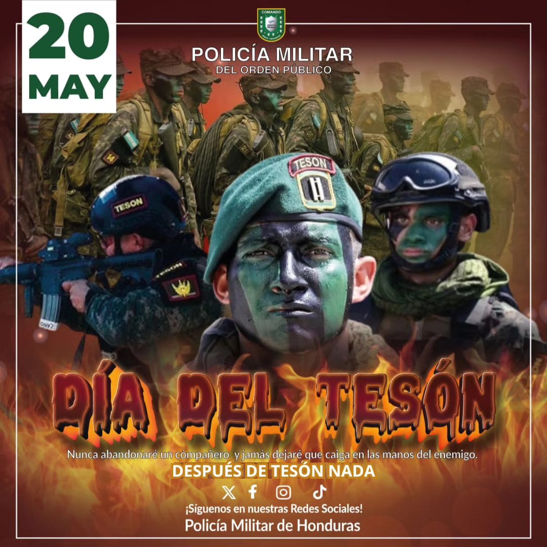 ¡𝐅𝐞𝐥𝐢𝐳 𝐃𝐢́𝐚 𝐝𝐞𝐥 𝐓𝐞𝐬𝐨́𝐧! El 20 de mayo se instituyó dentro de las Fuerzas Armadas de Honduras el Día del Tesón en reconocimiento a los hombres que, meritoriamente lograron formarse como especialistas en selvas y operaciones nocturnas.