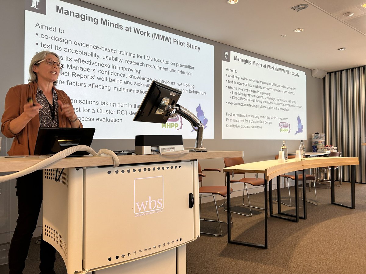 We are hearing about Managing Minds at Work - an evidence based intervention to train line managers in managing mental health issues, funded by @midsengine as part of the MHPP at today’s @ERC_UK @PrOPEL_Hub Workplace wellbeing, mental health and productivity event @ESRC