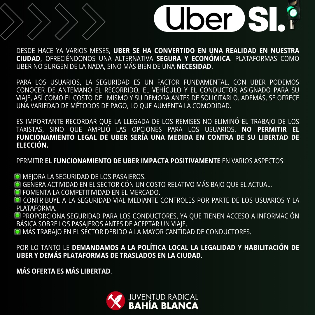 UBER SI ✅️

Desde la Juventud Radical creemos que UBER abre la puerta a todas las personas que hoy buscan soluciones complementarias de movilidad y oportunidades económicas.
 
🚘 Le pedimos a la política local que avance en la legalidad y habilitación de UBER.  #UberSi