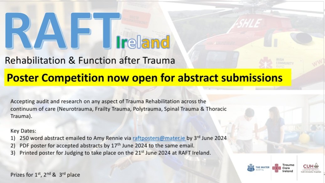 📣 Poster Competition now open for RAFT Ireland. Come show off all the hard work that is being done within the trauma network. 

🏆Prizes for 1st, 2nd and 3rd place. 

@MaterHSCPs 
@WeHSCPs 
@CorkTrauma 
@MaterTrauma 
@cuh_hscp
@TraumaCareIrl
@noca_irl