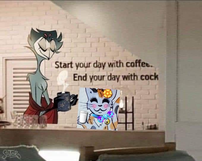 Start your day with coffee.
end your day with cock 
-Stolas + Mitty drinking coffee and milk together 
#mittyxstolas #theowl_and_thepussycat #birthdaymay31st