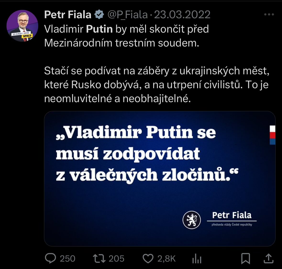Když se vydává zatykač na Putina, tak je utrpení civilistů neomluvitelné, ale když se z podobných důvodů vydává zatykač na Netanjahua, tak je to nepřijatelný návrh.

Lokajstvím vůči Izraeli nezískáme nic, ale můžeme ztratit celý morální kredit, který jsme pomocí Ukrajině získali.