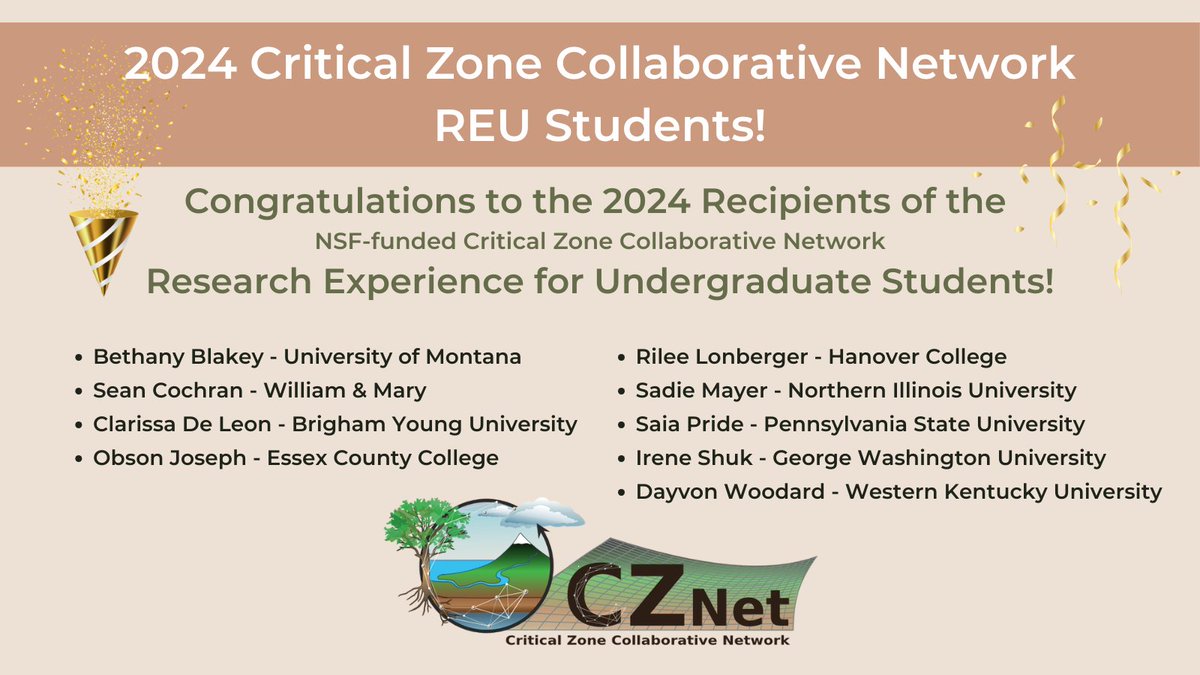 Sending out a big congratulations to the 9 recipients of the 2024 CZNet REU!🎉 Wishing you all a great few weeks of research, networking, discovery and fun!