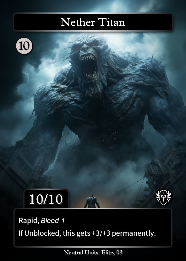 ManacasterBen's tweet image. Lets analyze and modify a card in Manacaster!   As I was looking for a card to post about, I discovered an opportunity to "refactor" Nether Titan.

In this designer's view, his "If Unblocked" trigger would be vastly more useful if it was simply "When It Attacks".

What u think?