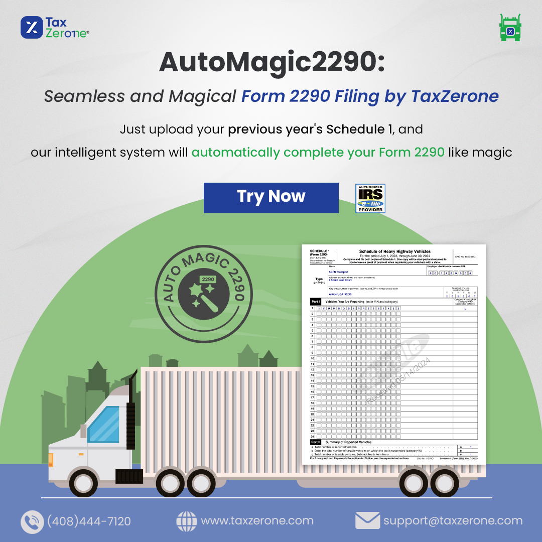 Streamline your #Form2290 filing with AutoMagic2290 by TaxZerone! 🚛✨ Just upload last year’s Schedule 1, and let our intelligent system handle the rest. Filing your Form 2290 has never been easier. Try it now! #taxfiling #trucking #taxzerone #USA
🌐 TaxZerone.com