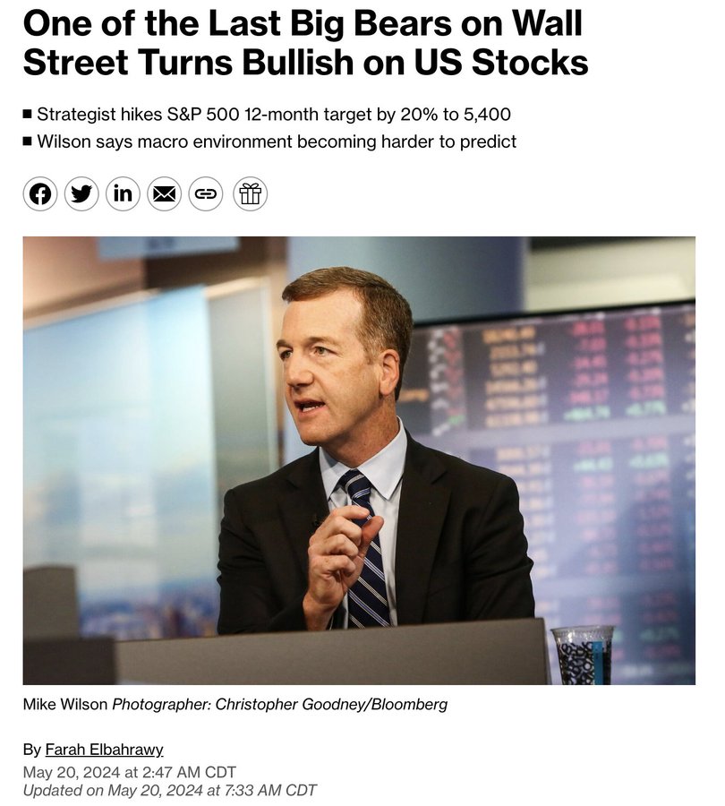 🚨 🇺🇸BREAKING: WALL STREET'S BEAR TURNS BULLISH

Morgan Stanley’s Michael Wilson, formerly a major bear, now predicts the S&P 500 will rise to 5,400 in 12 months.

Wilson reversed his previous forecast of a 15% drop, citing an unpredictable macro environment.

Does this shift