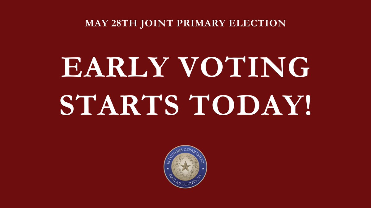 📢 Early Voting for the May 28th Joint Primary Runoff Election has started! There are 63 Early Voting Centers to cast your ballot. #DallasCountyVotes 🕖Early Voting Times: Mon, May 20th - Fri, May 24th: 7 AM - 7 PM 📍Find your nearest Early Voting Center: bit.ly/EVLocationFind…
