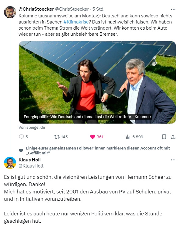 Stephan Grüger, MdL (@gruegers) on Twitter photo Vielen Dank für Ihre Initiative, <a href="/KlausHoll/">Klaus Holl</a>, viele Menschen haben sich von #HermannScheer zum Engagement für #Erneuerbare Energien inspirieren lassen. Ohne Menschen wie Sie wären wir heute weniger weit mit der #Energiewende.
Vielen Dank für den Artikel, <a href="/ChrisStoecker/">@ChrisStoecker</a>. Vielen Dank für Ihre Initiative, <a href="/KlausHoll/">Klaus Holl</a>, viele Menschen haben sich von #HermannScheer zum Engagement für #Erneuerbare Energien inspirieren lassen. Ohne Menschen wie Sie wären wir heute weniger weit mit der #Energiewende.
Vielen Dank für den Artikel, <a href="/ChrisStoecker/">@ChrisStoecker</a>.