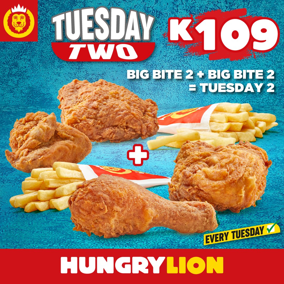 HungryLionZM's tweet photo. Twice the cluck, twice the yum! Dive into our Tuesday special: Two Big Bte 2's  that'll make your taste buds dance 💃🍗💃 #DoubleChickenDelight #TuesdayTwo #Hungrylikealion https://t.co/Qf6h24cFp9