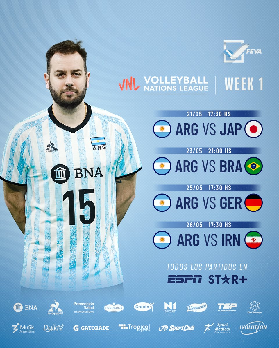 #VNL ¡Se viene lo más lindo! Calendario completo del Week 1 que comienza este martes 🙌! 

👉Argentina ya está en Brasil para enfrentar a 🇯🇵🇧🇷🇩🇪🇮🇷

📺 Transmite ESPN

#VamosArgentina 🇦🇷