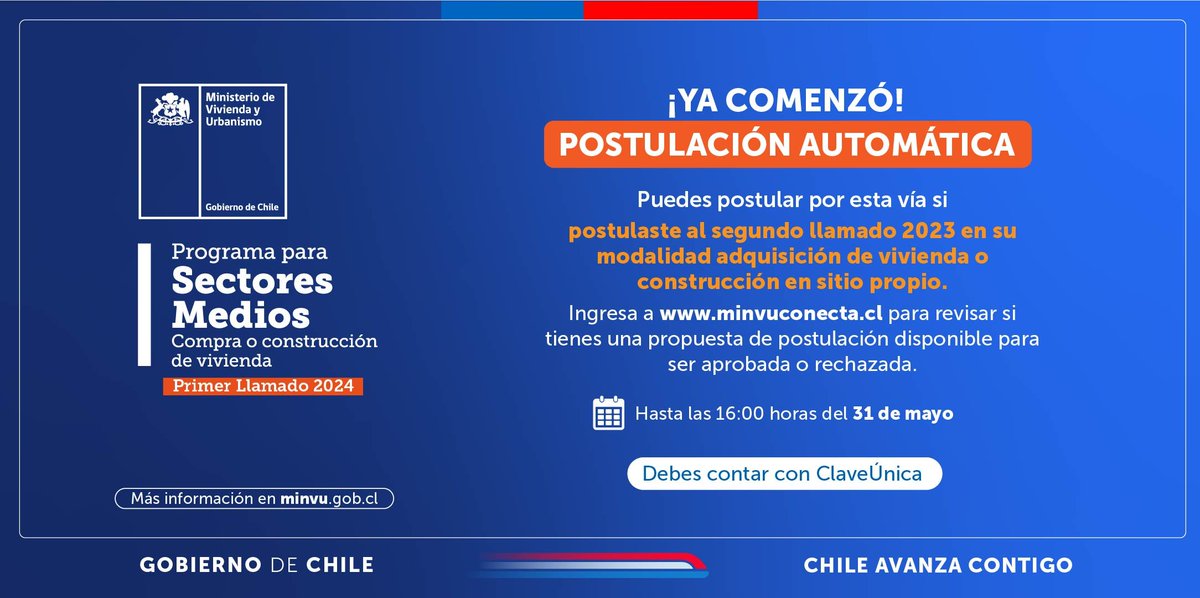 ServiuNuble's tweet photo. 📣 ¡POSTULACIONES ABIERTAS! SUBSIDIO SECTORES MEDIOS (DS1) 1ER LLAMADO 2024🏠

¡Ya puedes acceder a la postulación automática!

📅 Hasta el 31 de mayo a las 16:00 horas

ℹ️ Más información en https://t.co/hk8U0k03nm https://t.co/ptEp5N1Gui