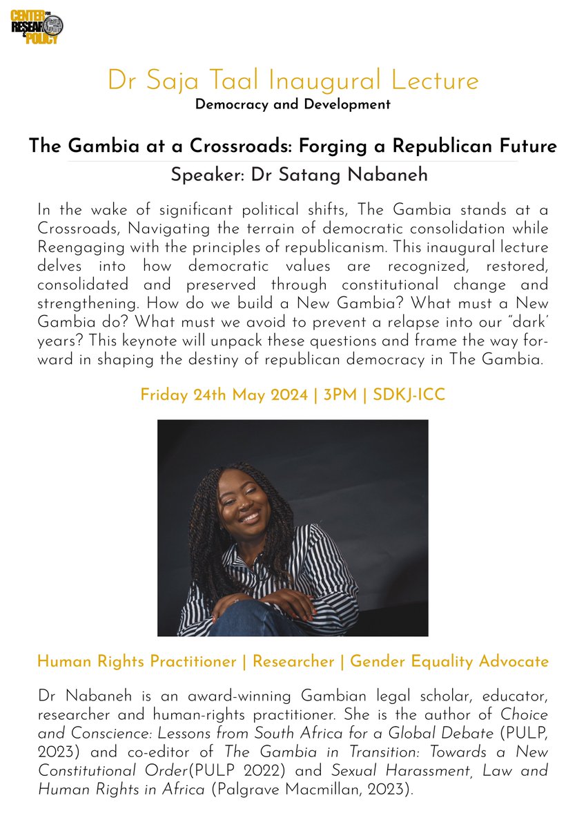 I’m honored to be giving the <a href="/CRPDgm/">Center for Research and Policy Development</a> Dr. Saja Taal Inaugural lecture this Friday on #democraticconsolidation. I will discuss historical context, current challenges, and potential pathways forward for #Gambia. 

If you’re around &amp; interested drop by.