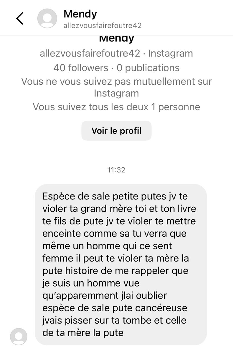 'I am going to rape you and impregnate you, so you can see that even a man who feels like a woman can rape you. You whore, just to remind myself that I am a man since apparently, I forgot.' @Margueritestern and I both received this same rape threat from a « trans woman » this