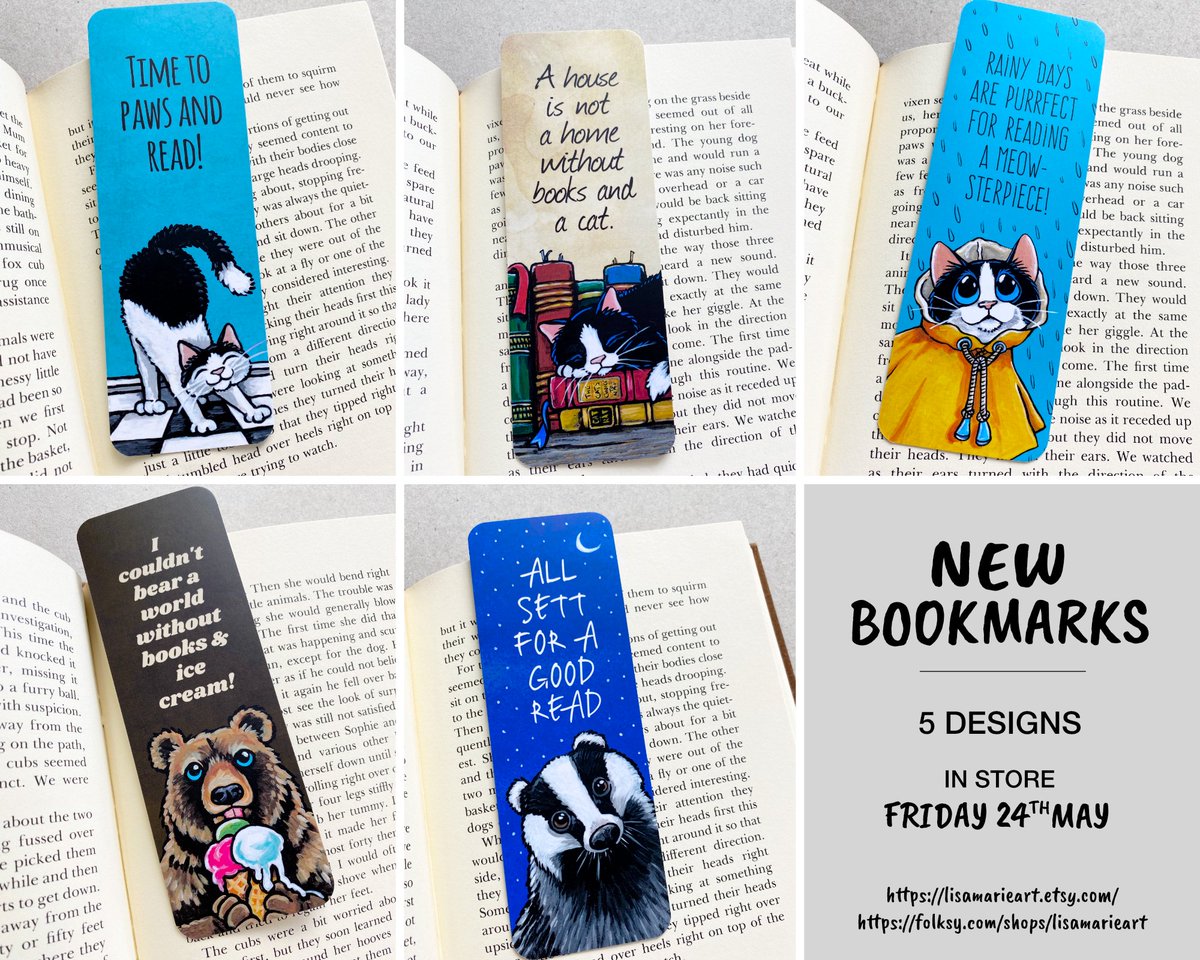 📚✨ Exciting News! ✨📚

New bookmarks launching on Etsy &amp; Folksy this Friday, 24 May! 🎉📖

Featuring 5 fun designs with bookish puns:
🐱 3 Cats
🐻 1 Bear
🦡 1 Badger

Professionally printed, matte finish, 52mm x 148mm. Mark your calendars! 📚💫

#BookmarkLove #BookishHumor