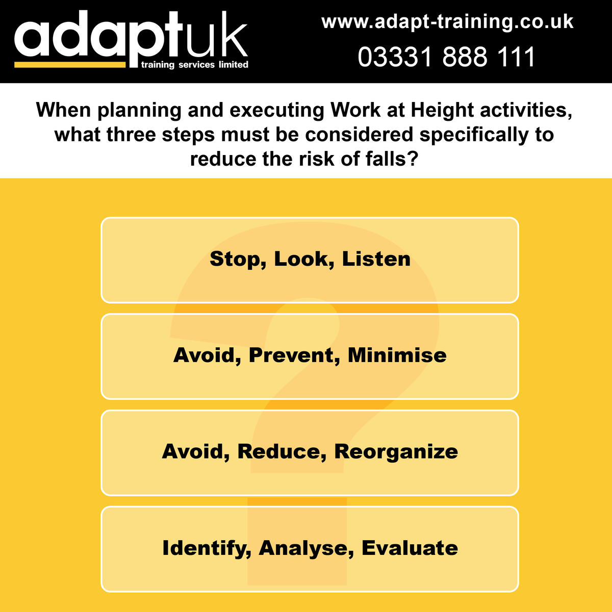 Lets see who way paying attention to our #NoFallsWeek program over the last few weeks with a quick quiz!

Answers on a postcard.... Or on our linkedin
linkedin.com/company/adaptuk

#Adapt #Liverpool #constructionindustry #warrington #safety  #Liverpoolconstruction #workingatheight