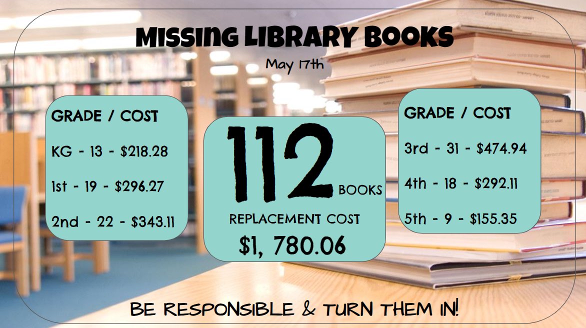 Wolf Ranch Elementary Library (@wre_library) on Twitter photo This is our last week of school <a href="/WolfRanchElem/">Wolf Ranch Elementary</a> Pioneers, let’s show how responsible we can be by returning all library books! Lost or damaged books can be paid for by check, EXACT CASH, or electronically at georgetownisd.revtrak.net/library/librar… #booksaredue #beresponsible #PioneerTOUGH This is our last week of school <a href="/WolfRanchElem/">Wolf Ranch Elementary</a> Pioneers, let’s show how responsible we can be by returning all library books! Lost or damaged books can be paid for by check, EXACT CASH, or electronically at georgetownisd.revtrak.net/library/librar… #booksaredue #beresponsible #PioneerTOUGH
