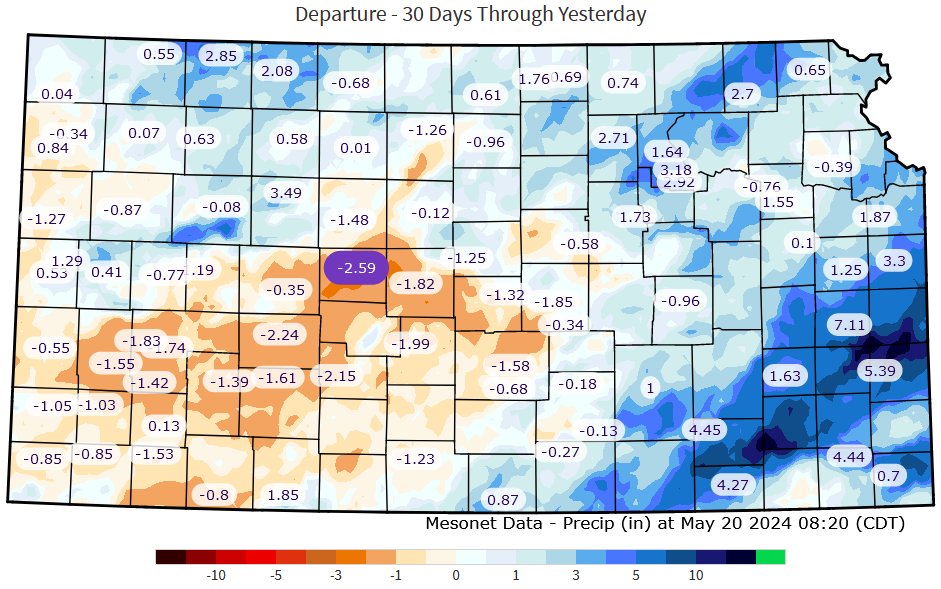 More impressive rain last night, focused in central Kansas. The 30 day departure from normal shows who has the biggest need - the southwest and into south-central could use a more widespread event. #kswx