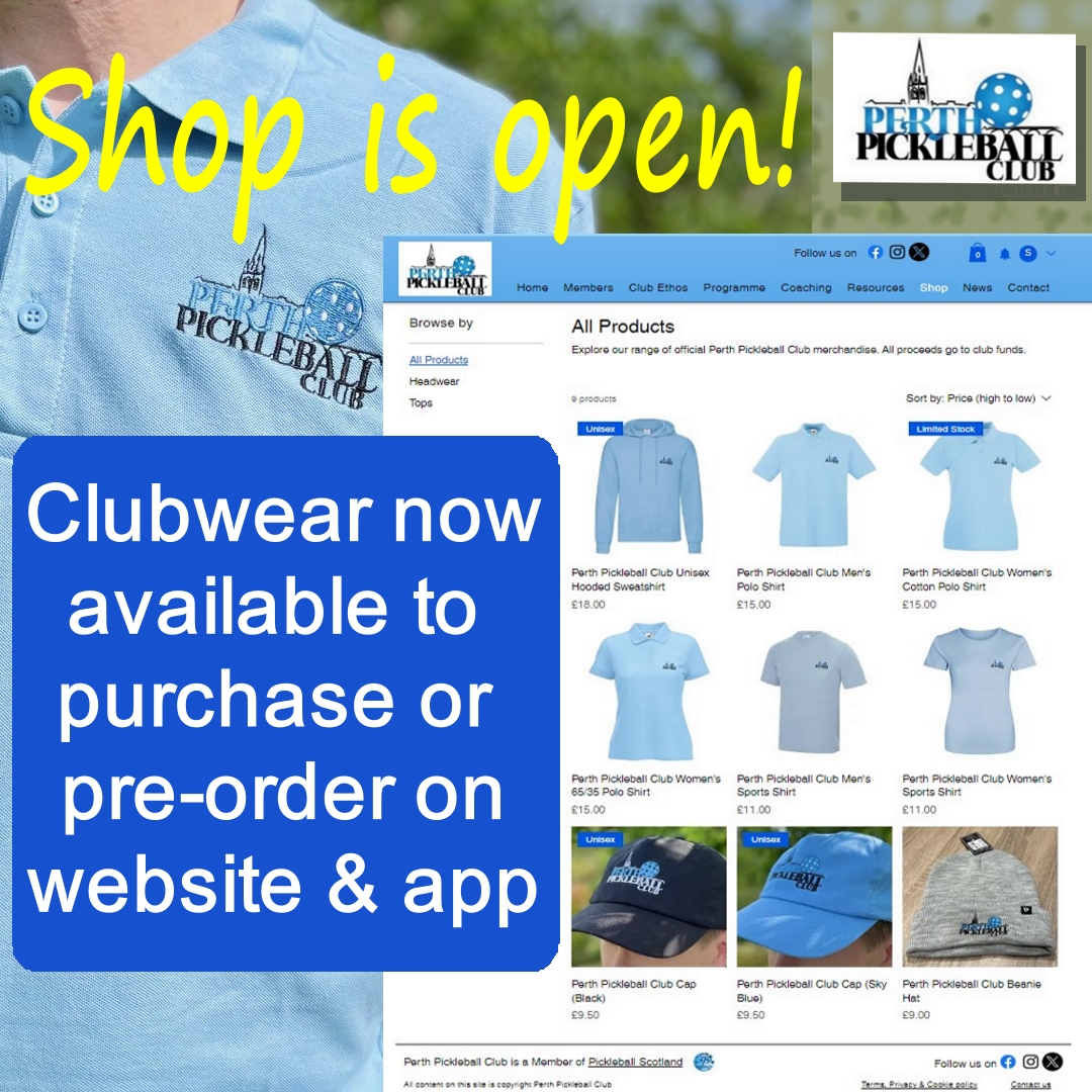 We’re delighted to announce that our range of clubwear is now available for members to purchase or pre-order in our shop. The shop features on our website & our club app. We ask that members make their purchases & pre-purchases by 26th MAY. #pickleball #pickleballscotland