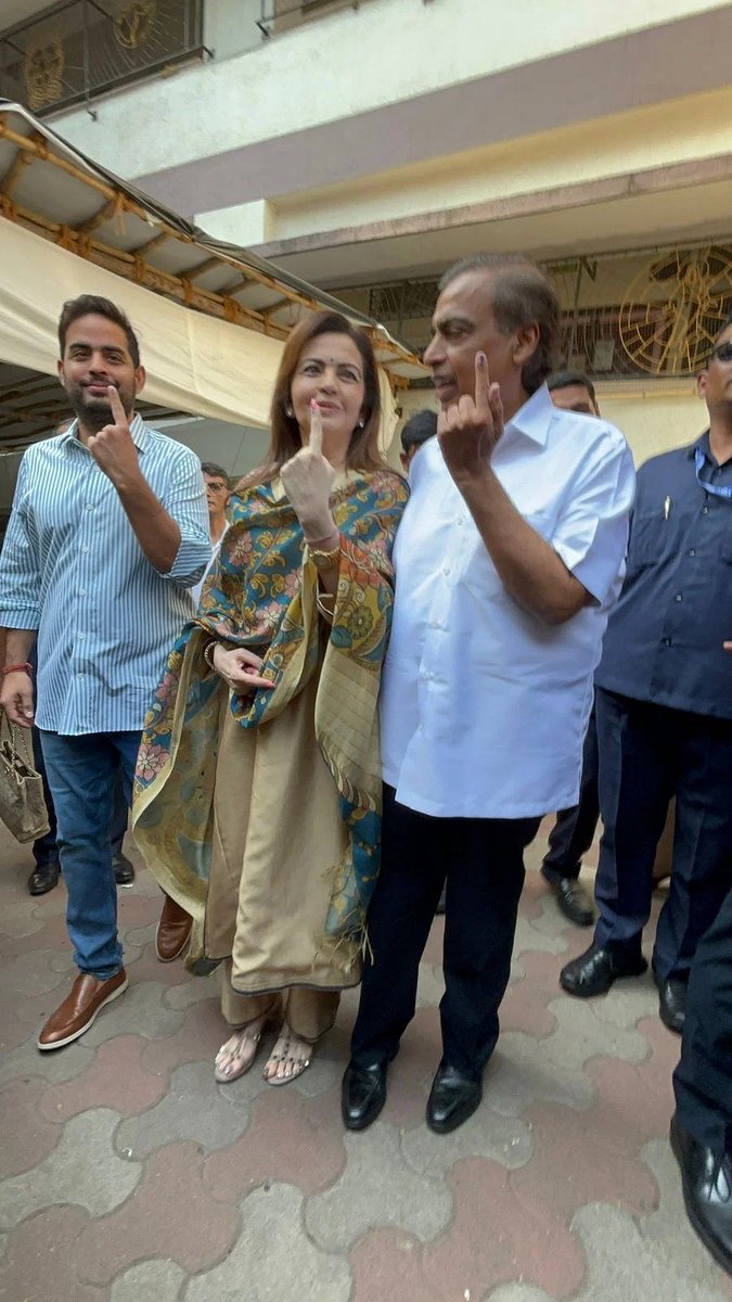 #Photos | Business tycoon #MukeshAmbani, his wife Nita Ambani, and their son Akash Ambani have cast their votes in #Phase5 of the Lok Sabha Elections. See more: tinyurl.com/mryj9e6y